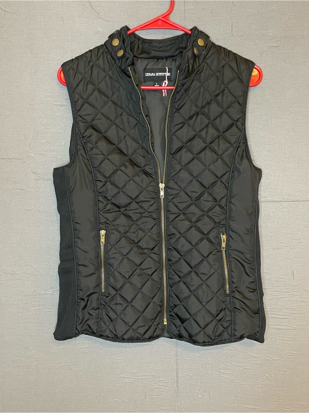Zenana Outfitters Black Quilted Puffer Vest Gold Zipper Ribbed Trim Women's L